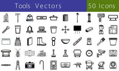 50 Vector Icons – Industrial, Utility, and Household Tools Line Icon Set
