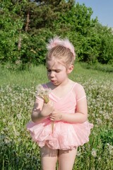 Little Girl in Pink Ballerina Tutu Holding Dandelions in Meadow on Sunny Summer Day.