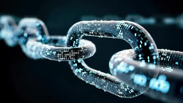 A chain with digital binary code running through it, symbolizing crypto innovation and blockchain technology in a tech inspired concept