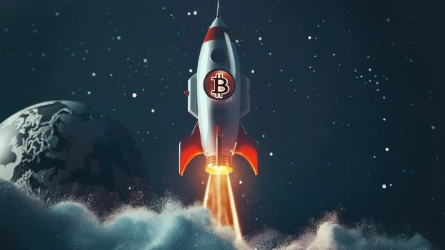 A rocket soaring through the sky with the Bitcoin logo visible
