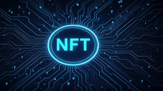 A high tech digital scene with a cool blue palette and a central nft text, symbolizing blockchain technology and crypto innovation in a futuristic ambiance