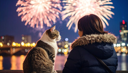 a person wearing a coat with fur trim around the hood is sitting next to a gray and white cat, both are gazing toward the city skyline