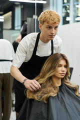 Transforming looks in a trendy beauty salon with expert hairstyling techniques
