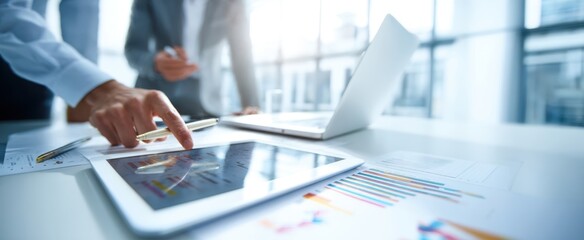The tablet displaying graphs during a collaborative business meeting in an office.
