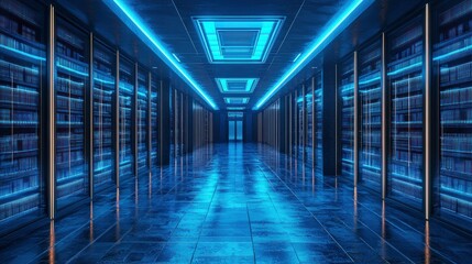 Server room with rows of servers glowing in blue