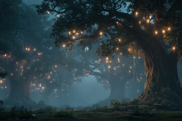 Fantasy Forest with Giant Cartoon Trees – Stylized Book Illustration Background