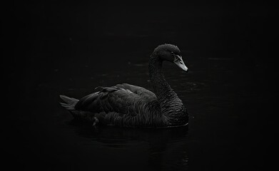 Fototapeta premium A black swan gracefully glides across the water, set against an isolated black background