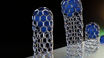 A 3D rendering showing the tip-growth model of carbon nanotubes, where the catalyst particle lifts off the surface and stays at the growing tip during CVD.