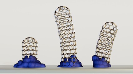 A 3D rendering showing carbon nanotubes growing from catalyst particles on a surface during Chemical Vapor Deposition (CVD), specifically the base-growth model.