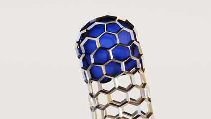 A 3D rendering showing the tip-growth model of carbon nanotubes, where the catalyst particle lifts off the surface and stays at the growing tip during CVD.