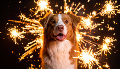a cheerful dog is centered in the frame against a dark background. the dog is brown and white with an open mouth and visible tongue