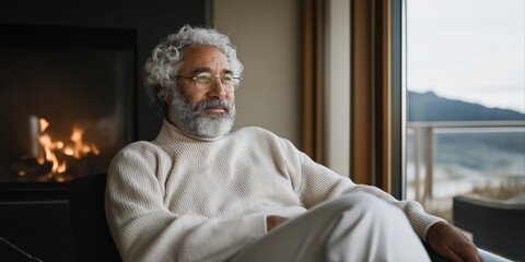 Elderly caucasian male relaxing by fireplace in cozy winter attire