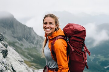 Naklejka premium Smiling woman with a hiking backpack on a mountain top.
