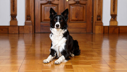 the main focus of the image is a dog sitting in a room. the animal has black and white fur, with a white chest and face markings. it sits on a shiny wooden floor in front of a large, dark wooden door