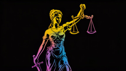A digital illustration of the Statue of Justice (Themis) rendered in a vibrant gradient effect from yellow to blue.
