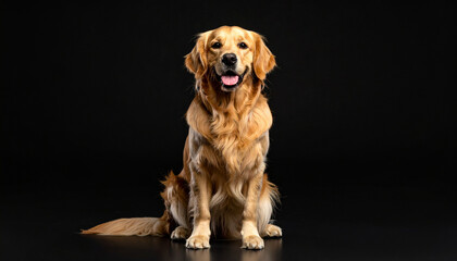 the image features a medium sized dog with light brown fur sitting upright. the dog is centered on a dark background. the dog's mouth is slightly open. its fur is slightly long and wavy