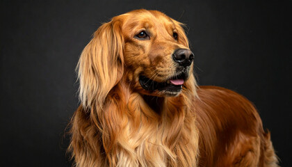 the photograph features a dog in a studio setting, focused primarily on its head and upper body