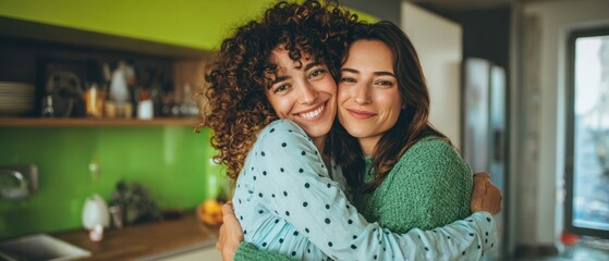 The joyful embrace of two friends in a modern kitchen setting.