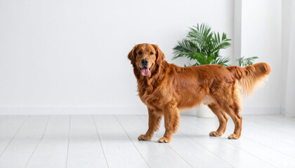 a light brown animal stands in a well lit room with white walls and a white wooden floor. behind the animal is a potted plant with green foliage