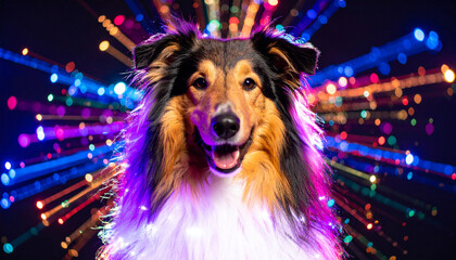 the image showcases a dog with tricolored fur, predominantly tan and black, with a white chest and long fur. the dog's face is centered, showing a happy expression with an open mouth