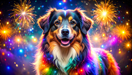 the central figure is a dog with fluffy fur, shown from the chest up. the canine has a smiling expression, with its mouth slightly open