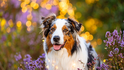 the image features a long haired canine facing forward, nestled amongst stems of purple flowers