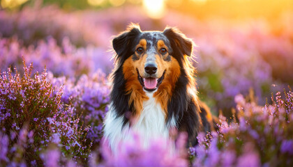 a happy dog sits amidst a field of purple flowers. the dog, with long flowing fur that is a mix of black, brown, and white, has its mouth open in a smile