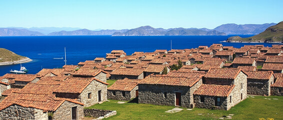 Taquile Island Peru Stone Houses with Red Tile Roofs on Lake Titicaca