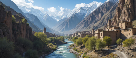 Hunza Valley Pakistan Stone and Mud-Brick Homes Clinging to Cliffs Surrounded by Mountains