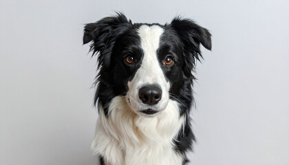 the image showcases a medium sized, long haired animal with distinct markings. its fur is predominantly black with contrasting white patches on its face, chest, and parts of its muzzle