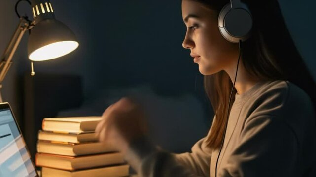 University student studies online at night with headphones &ndash; remote learning lifestyle