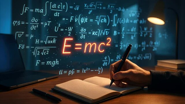 Hand writing in a notebook with glowing scientific formulas floating in mid air in a futuristic study room, illustrating ai learner and virtual equation concepts in a serene, high tech environment - Powered by Adobe