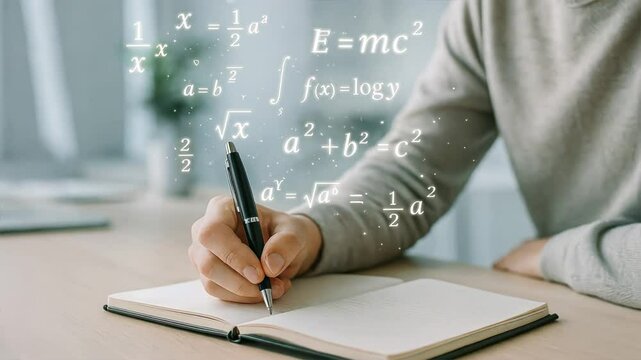 Hand writing in a notebook with glowing mathematical equations and symbols floating above in a minimalist workspace, evoking digital abstraction and intellectual activity and virtual equation - Powered by Adobe