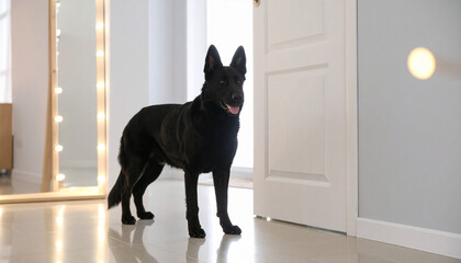 a sleek black canine stands prominently in a bright room with a glossy tiled floor. the animal faces the viewer, with ears erect and a slightly open mouth