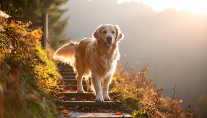 the main subject is a medium sized dog that is standing on a set of steps. the dog's fur appears a light color. the steps lead into a landscape with trees and grasses