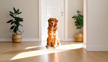 a dog sits in the middle of a foyer, framed by plants and a white door. the animal faces the viewer directly with an open mouth. each side of the entryway has a potted plant situated in a basket
