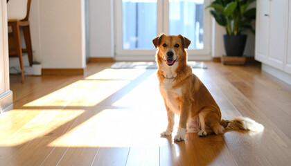 an amber colored dog sits at attention in a sunny room, looking directly at the camera. light streams across the shiny wooden floor, creating bright and dark bands