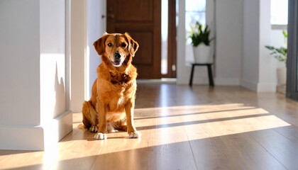 in an indoor space with gleaming wooden floors bathed in sunlight, an animal with a reddish brown coat sits attentively near a bright white wall