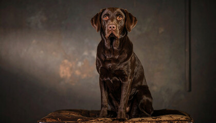 this portrait features a brown dog sitting upright on what appears to be a cushioned object. the dog has smooth, short fur, floppy ears, and a direct, focused gaze toward the viewer