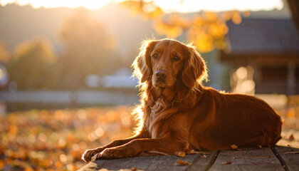 an orange coated animal rests on a weathered wood surface. a blurred landscape of golden foliage and structures are behind the animal