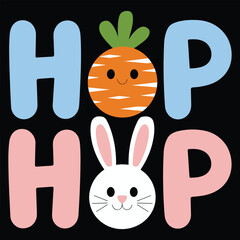 Obraz premium Happy Easter bunny rabbit with a cute carrot, a fun spring holiday animal vector illustration