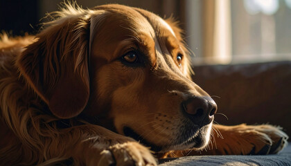 the image showcases a close up of a dog lying on a soft surface. the animal has fur that is a golden hue and appears to be relaxed and content