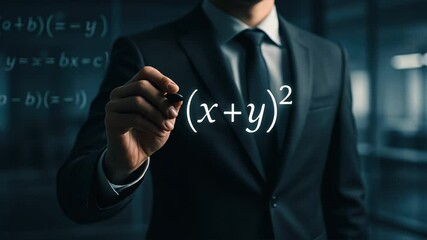 Business professional pen pointing on a mathematical formula in the air with futuristic office, embodying the concept of ai learner and virtual equation in a modern setting - Powered by Adobe