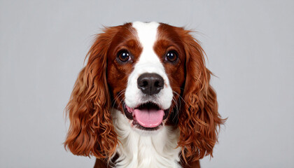the image shows a close up portrait of a dog against a simple background. the dog's face, the main subject, is presented head on, with a mix of brown and white fur coloring its coat