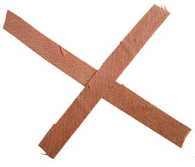 Two strips of brown adhesive bandage tape crossed in an X shape on transparent background, gaffer tape, fabric