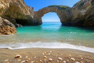 Obraz premium Tranquil beach scene with a natural archway.