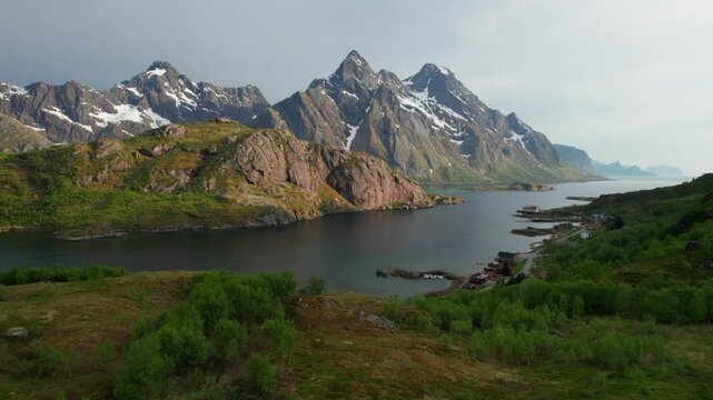 Panoramic view of a fjord and mountains in Lofoten Islands, Norway, from the Sortland Steinsfjorden Viewpoint