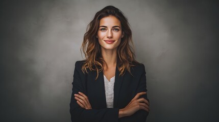 smiling professional businesswoman with arms crossed, neutral studio background, confident pose, clean formal outfit, soft key light