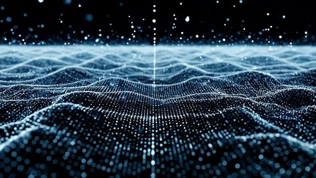 A field of blue particles forms undulating waves against a black background