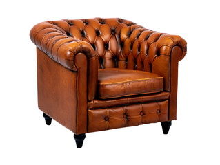 Luxurious Brown Leather Chesterfield Armchair on Black Backdrop, Comfortable and Stylish Brown Leather Chesterfield Chair Isolated on Black
